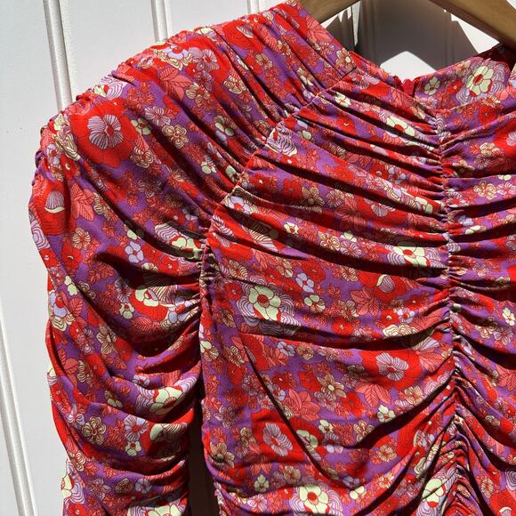 Rohe Sadie Long Sleeve Retro Floral Ruched Mini Dress Red Multi Size 34 FR 2 US - Picture 3 of 15